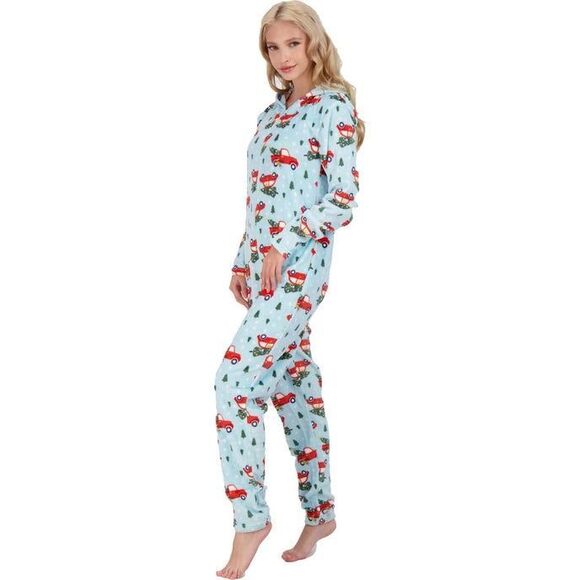 woman’s s/m fleece pajamas Christmas HOLIDAY ONE-PIECE HOODED teal - Picture 4 of 9